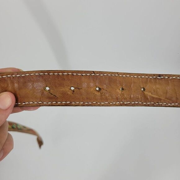 Vintage 70s Leather Belt Artisan M/L 37" Tan Rainbow Embroidered Parrot Western - Picture 8 of 10